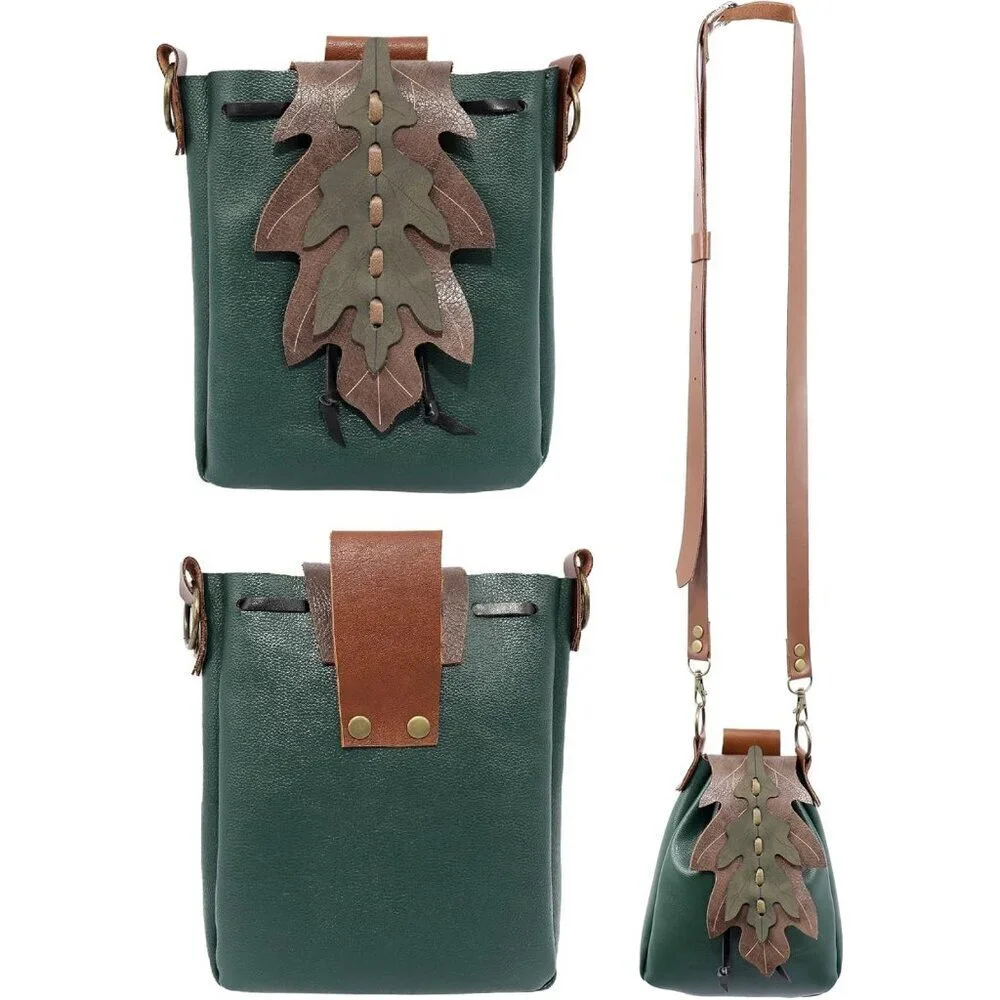 Renaissance Leaf Purse Faux Leather Medieval Belt Pouch Vintage ELF Accessory